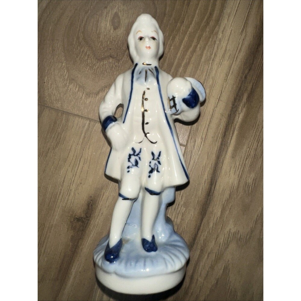 Vintage Porcelain Figurine Boy Blue White Colonial Style Collectible 5"
